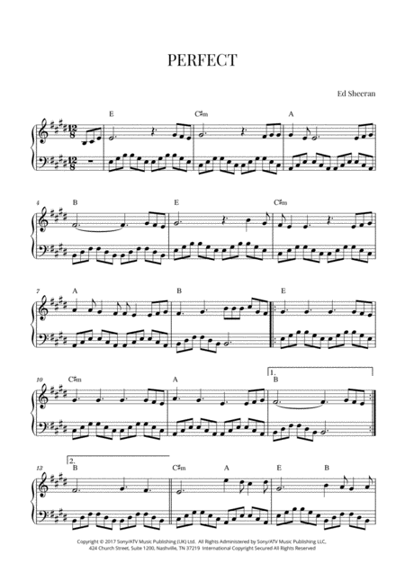 Free Sheet Music Ed Sheeran Perfect Easy Intermediate Piano E Major