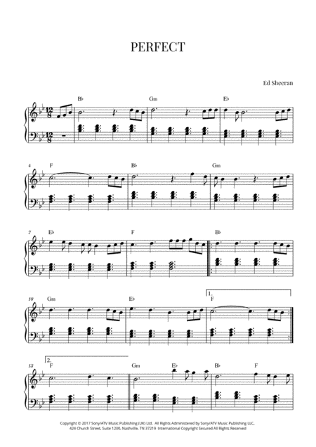 Free Sheet Music Ed Sheeran Perfect Intermediate Piano B Flat Major