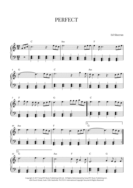 Ed Sheeran Perfect Intermediate Piano C Major Sheet Music