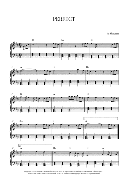 Ed Sheeran Perfect Intermediate Piano D Major Sheet Music