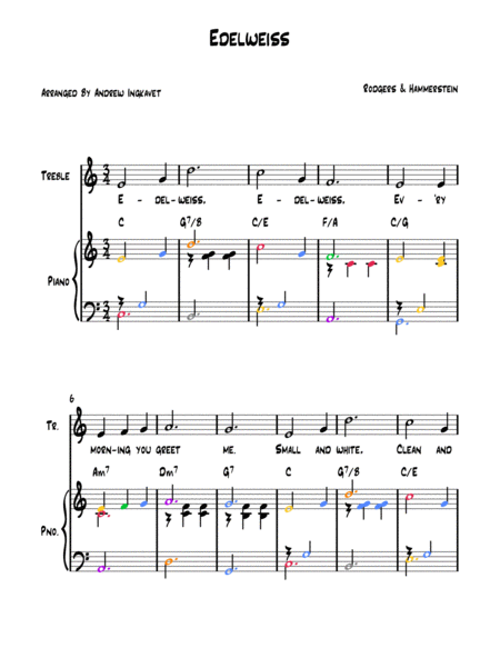 Edelweiss Easy Piano Musicolor Notation Phase 6 Sheet Music