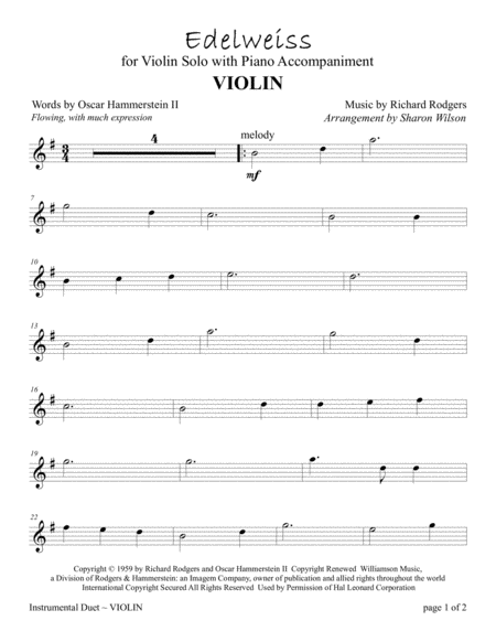 Edelweiss For Violin Solo With Piano Accompaniment Sheet Music