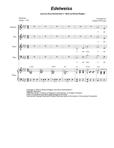 Free Sheet Music Edelweiss For Vocal Quartet Satb
