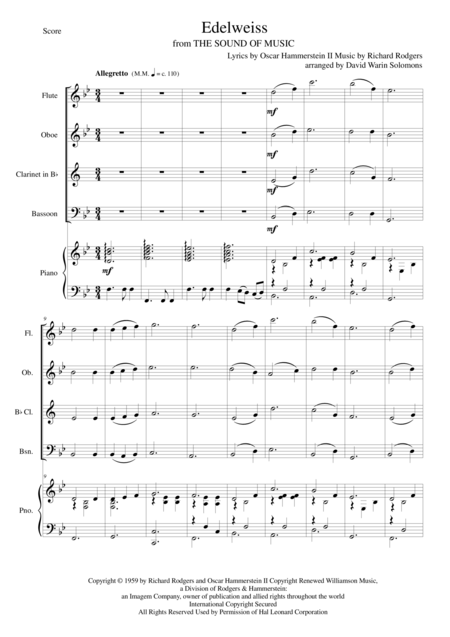 Edelweiss For Wind Quartet And Piano Sheet Music