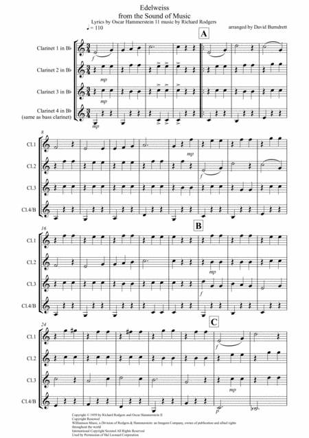 Edelweiss From The Sound Of Music For Clarinet Quartet Sheet Music