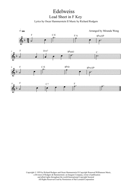 Edelweiss Lead Sheet In F Key With Chords Sheet Music