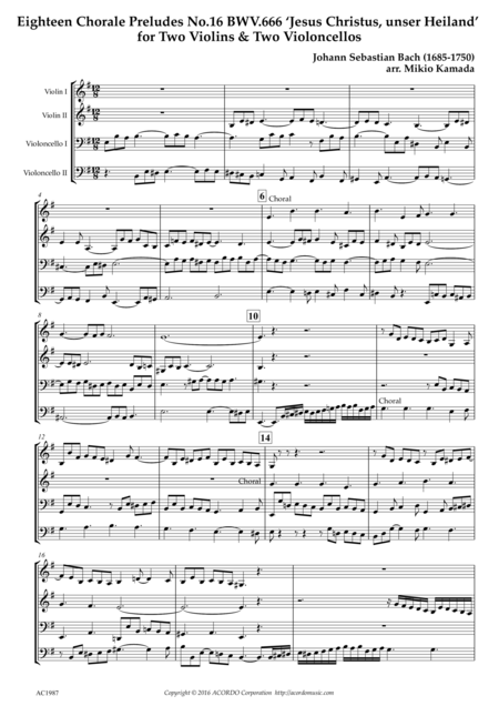 Eighteen Chorale Preludes No 16 Bwv 666 Jesus Christus Unser Heiland For Two Violins Two Violoncellos Sheet Music