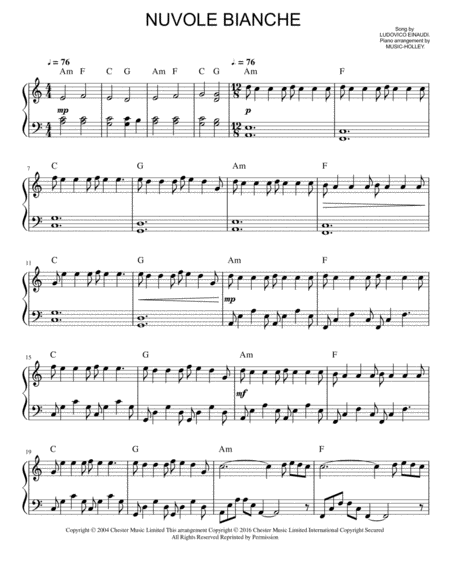 Einaudi Nuvole Bianche Easy Piano Sheet In A Minor Sheet Music