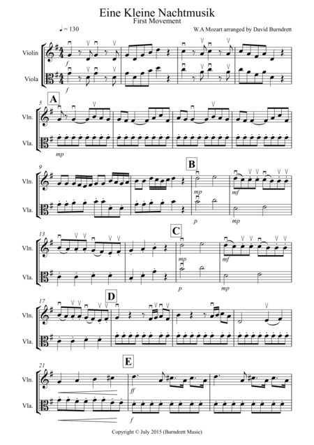 Free Sheet Music Eine Kleine Nachtmusik 1st Movement For Violin And Viola Duet