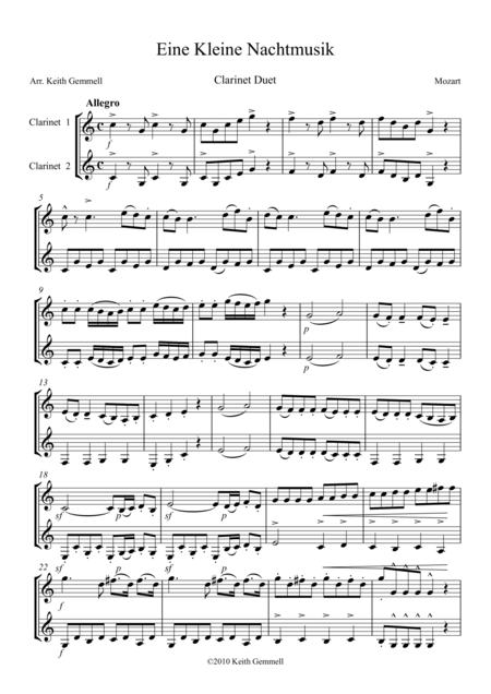 Free Sheet Music Eine Kleine Nachtmusik Clarinet Duet