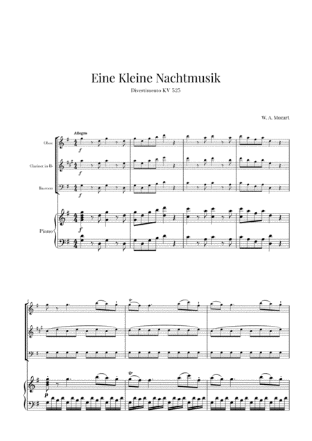 Free Sheet Music Eine Kleine Nachtmusik For Oboe Clarinet Bassoon And Piano