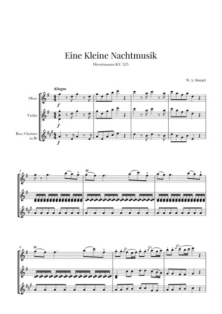 Eine Kleine Nachtmusik For Oboe Violin And Bass Clarinet Sheet Music