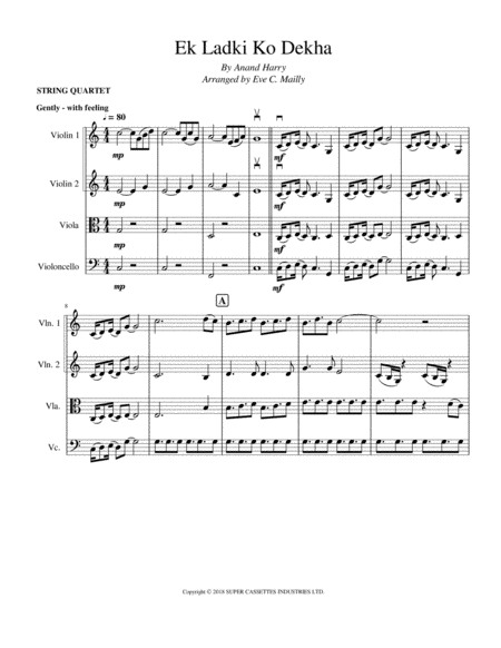 Free Sheet Music Ek Ladki Ko Dekha String Quartet