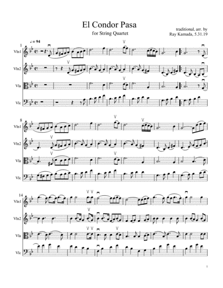 Free Sheet Music El Condor Pasa For String Quartet