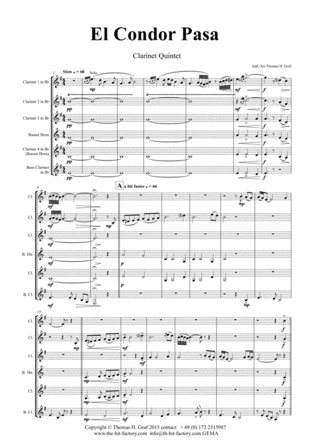 El Condor Pasa Peruvian Folk Song Clarinet Quintet Sheet Music