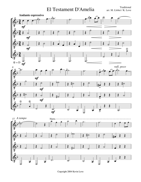 El Testament D Amelia Guitar Quartet Score And Parts Sheet Music