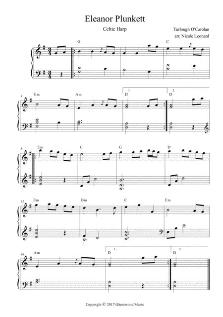 Free Sheet Music Eleanor Plunkett For Celtic Harp With Chords