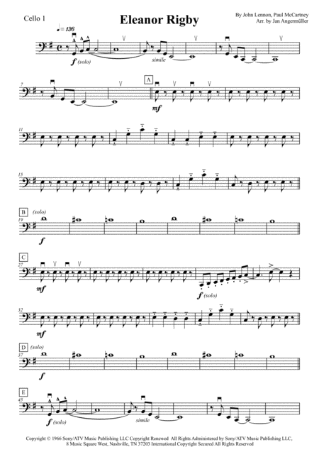 Eleanor Rigby Beatles Transcription Of The Original Cello 1 Part Sheet Music