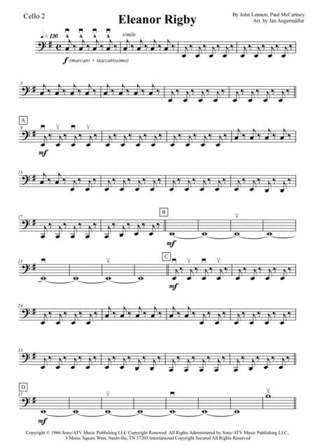 Eleanor Rigby Beatles Transcription Of The Original Cello 2 Part Sheet Music