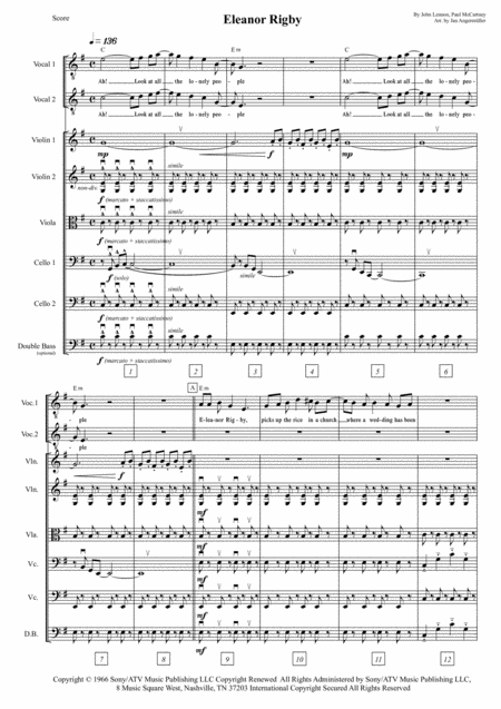 Eleanor Rigby For String Orchestra Or String Quintet Sixtet And Vocals Transcription Of Original Beatles Version Sheet Music