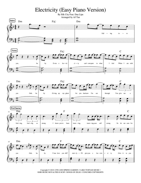 Electricity By Silk City Feat Dua Lipa Easy Piano Version Sheet Music