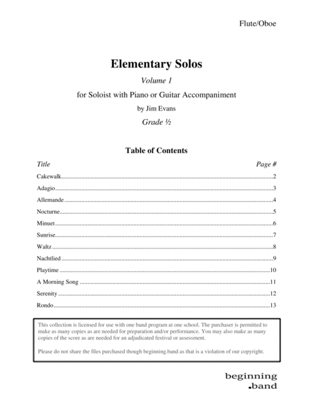 Elementary Solos Volume 1 For Flute Oboe Sheet Music