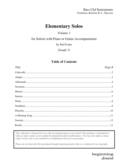 Elementary Solos Volume 1 For Trombone Baritone B C And Bassoon Sheet Music