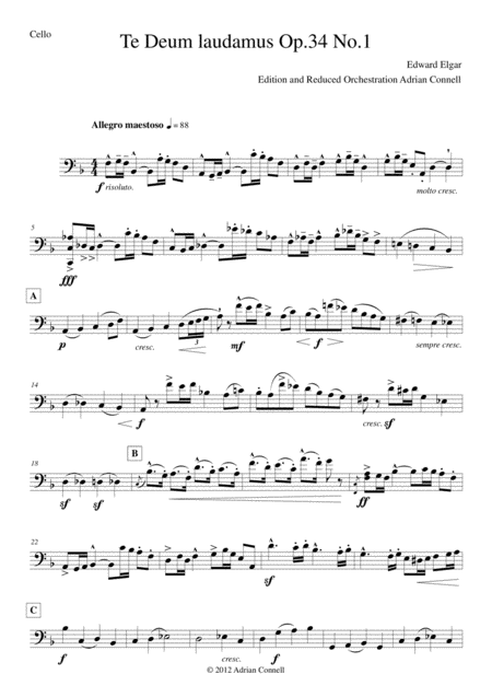 Elgar Te Deum Reduced Orchestration Cello Sheet Music