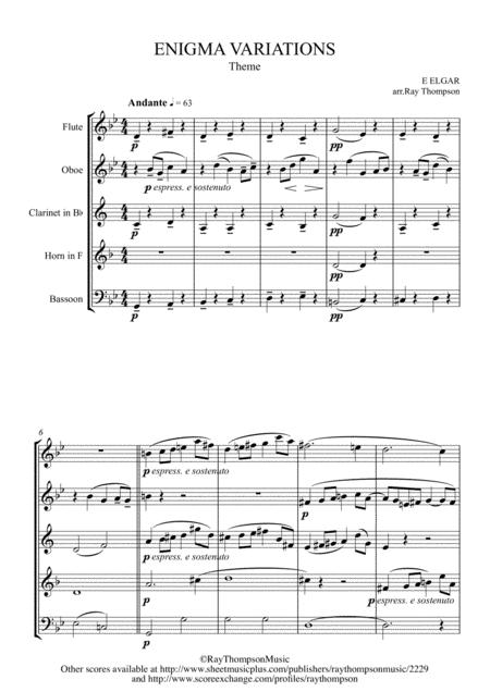 Free Sheet Music Elgar Theme And Eight Variations Including Nimrod From Enigma Variations Op 36 Wind Quintet