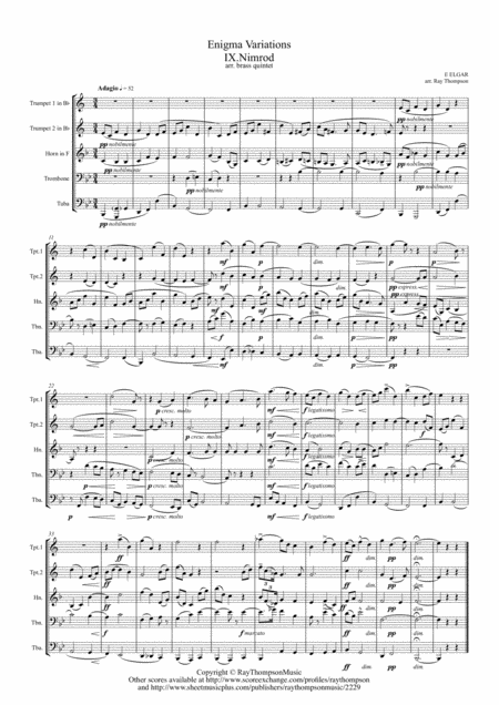 Elgar Variation Ix Nimrod From Enigma Variations Op 36 Brass Quintet Sheet Music