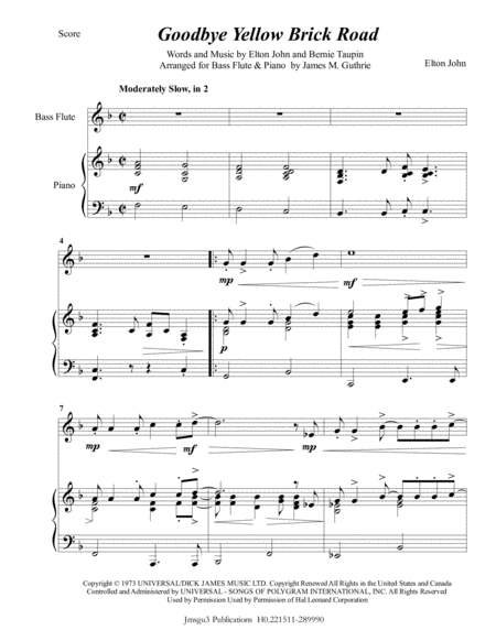 Elton John Goodbye Yellow Brick Road For Bass Flute Piano Sheet Music