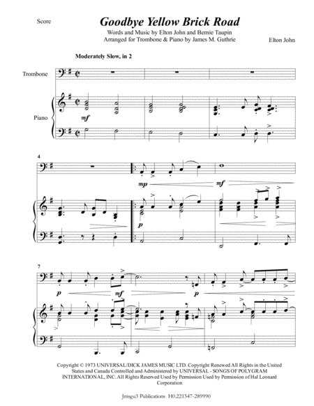 Elton John Goodbye Yellow Brick Road For Trombone Piano Sheet Music