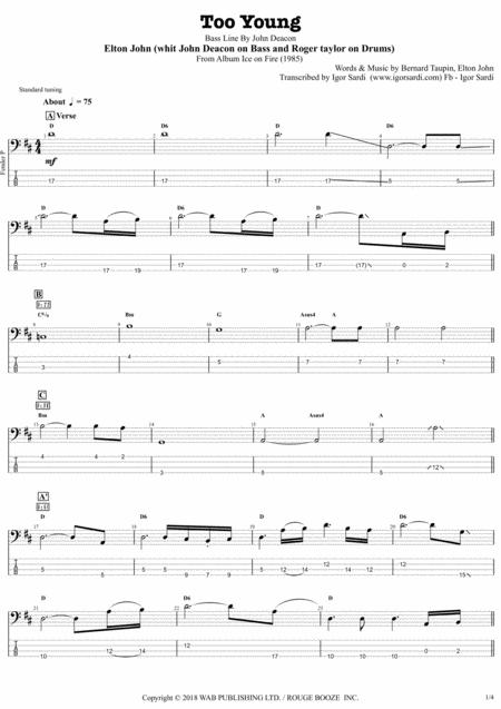 Elton John Whit John Deacon And Roger Taylor Too Young Complete And Accurate Bass Transcription Whit Tab Sheet Music