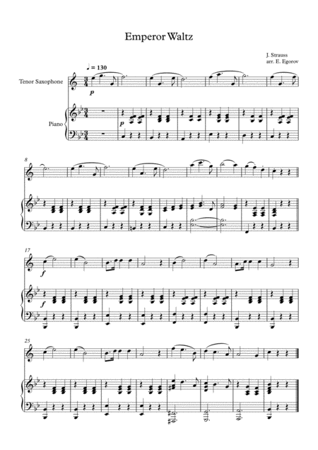 Emperor Waltz Johann Strauss Jr For Tenor Saxophone Piano Sheet Music