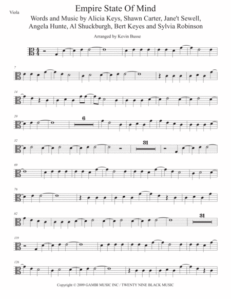 Empire State Of Mind Easy Key Of C Viola Sheet Music