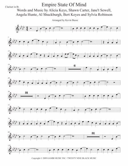 Empire State Of Mind Original Key Clarinet Sheet Music