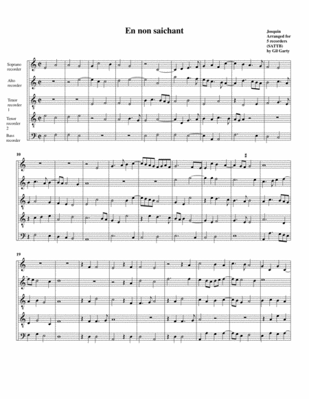 En Non Saichant Arrangement For 5 Recorders Sheet Music