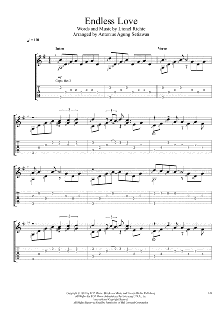 Free Sheet Music Endless Love Fingerstyle Guitar Solo