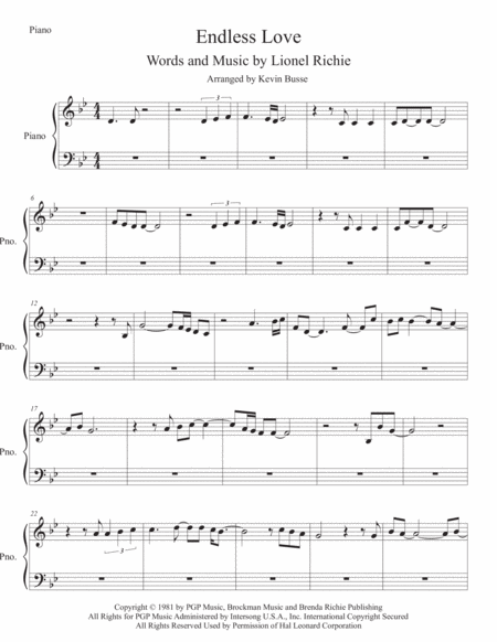 Endless Love Original Key Piano Sheet Music