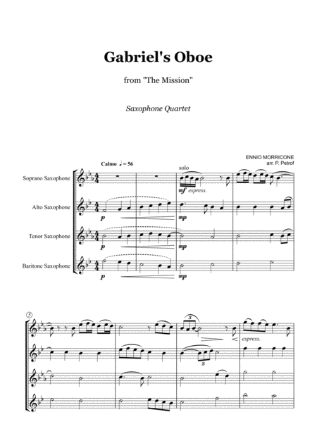 Free Sheet Music Ennio Morricone Gabriels Oboe From The Mission Saxophone Quartet Score And Parts