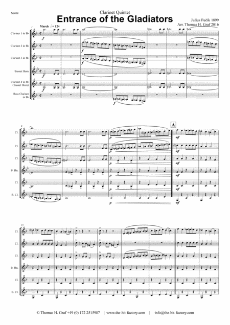 Entrance Of The Gladiators Thunder And Blazes Circus March Clarinet Quintet Sheet Music