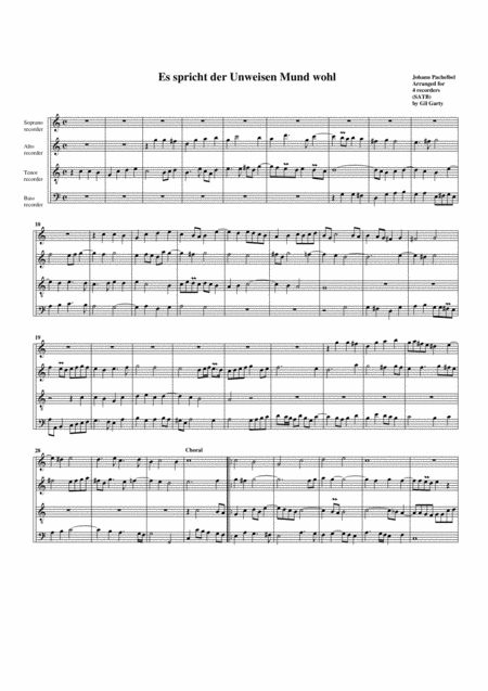 Free Sheet Music Er Spricht Der Unweisen Mund Wohl Arrangement For 4 Recorders