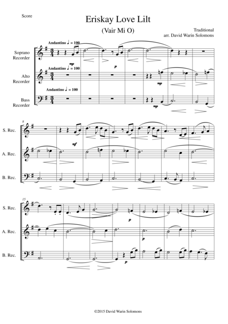 Eriskay Love Lilt Vair Mio For Recorder Trio Sheet Music