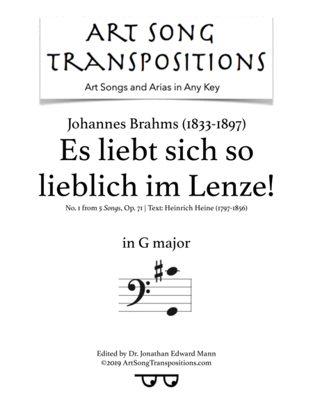 Free Sheet Music Es Liebt Sich So Lieblich Im Lenze Op 71 No 1 G Major Bass Clef