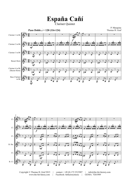 Espaa Ca Paso Doble Gypsy Dance Clarinet Quintet Sheet Music