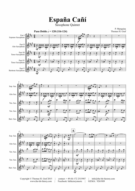 Espaa Ca Paso Doble Gypsy Dance Saxophone Quintet Sheet Music