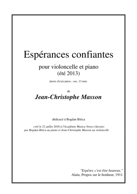 Esprances Confiantes For Cello And Piano Jcm 2013 Sheet Music