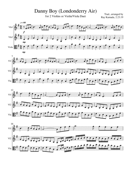Free Sheet Music Etude For 2 Violins Or Violin Viola Duet Based On Danny Boy Londonderry Air