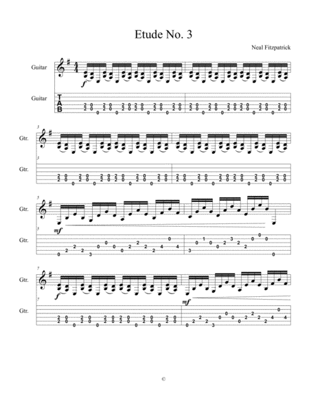 Free Sheet Music Etude No 3 For Guitar By Neal Fitzpatrick Tablature Edition
