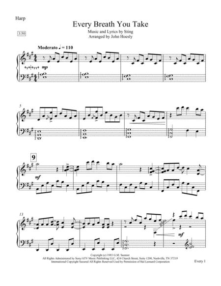 Free Sheet Music Every Breath You Take Solo Harp